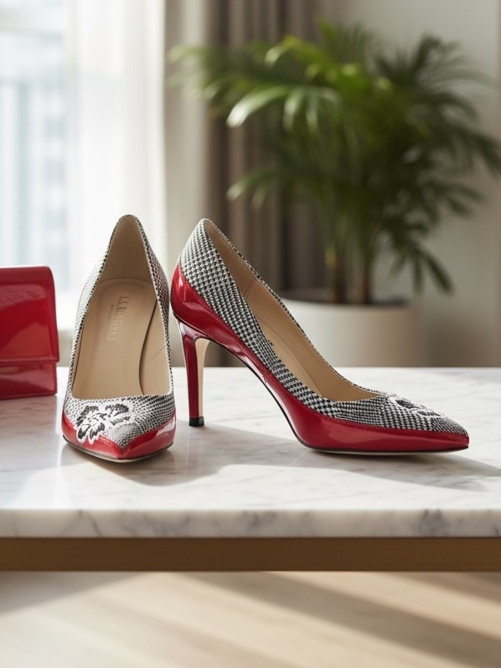 LK Bennett Black and White Floral Heels with Red Accents. Sz37